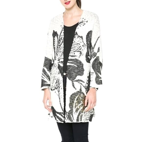 Desigual Sweaters - Desigual Womens Sz M Floral Open Front Mykonos Cardigan With Gold Sequin Accents